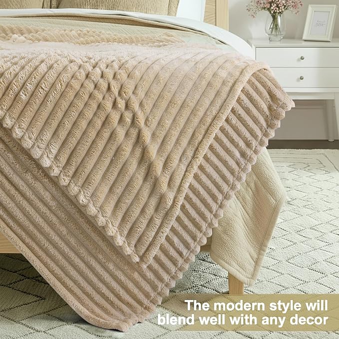 decorUhome Christmas Soft Fleece Light Brown Blanket King Size for Bed, Cozy Fluffy Plush Flannel Large Striped Throws for Couch Sofa, Lightweight Decorative Fuzzy Blanket for Woman, 108x90 Inches