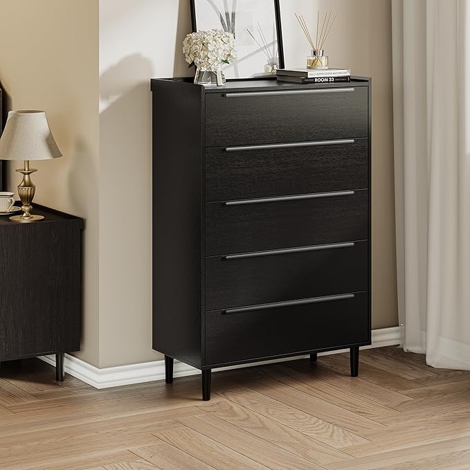 48" Tall Black Dresser for Bedroom, Modern 5 Drawer Chest of Drawers with Wood Grain Finish, Slim Vertical Storage Cabinet with Raised Edge Top, Anti-Tip Kit