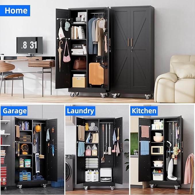 31.5 in Wide Garage Storage Cabinet, Metal Tool Cabinet with 4 Adjustable Shelves, Garage Storage System with Lockable Door for Offices, Gyms and Pantries, Black