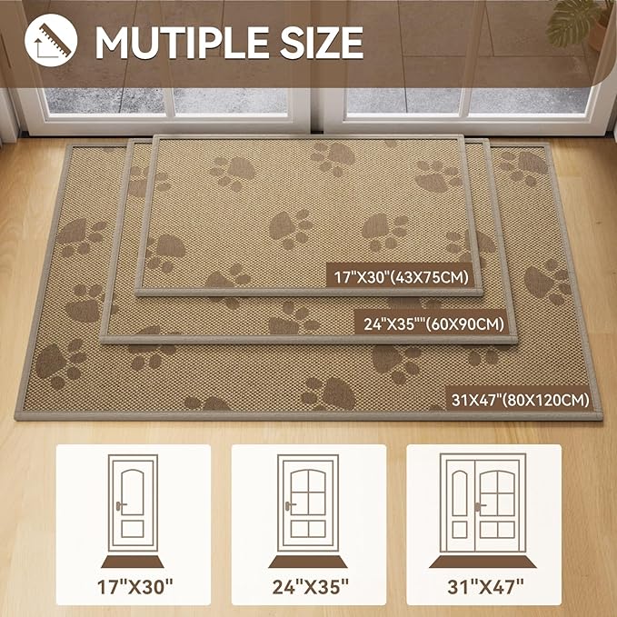 Door Mat Indoor Entrance 24"x35", 0.16" Thin Paw Print Low Pile Doormat, Non Slip Welcome Mat, Trap Dirt and Moisture, Easy Clean, Brown