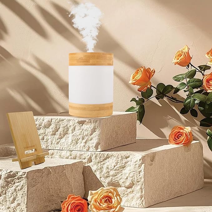 Bamboo Ultrasonic Mini Humidifier, 400ml Quiet Desktop Humidifier with Dual LED Night Light, USB-C Powered, Auto Shut-Off, Portable Small Room Air Moisturizer for Bedroom, Desk, Office & Travel