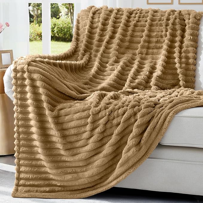 decorUhome Christmas Soft Fleece Brown Blanket Queen Size for Bed, Cozy Fluffy Plush Flannel Large Striped Throws for Couch Sofa, Lightweight Decorative Fuzzy Blanket for Woman, 90x90 Inches