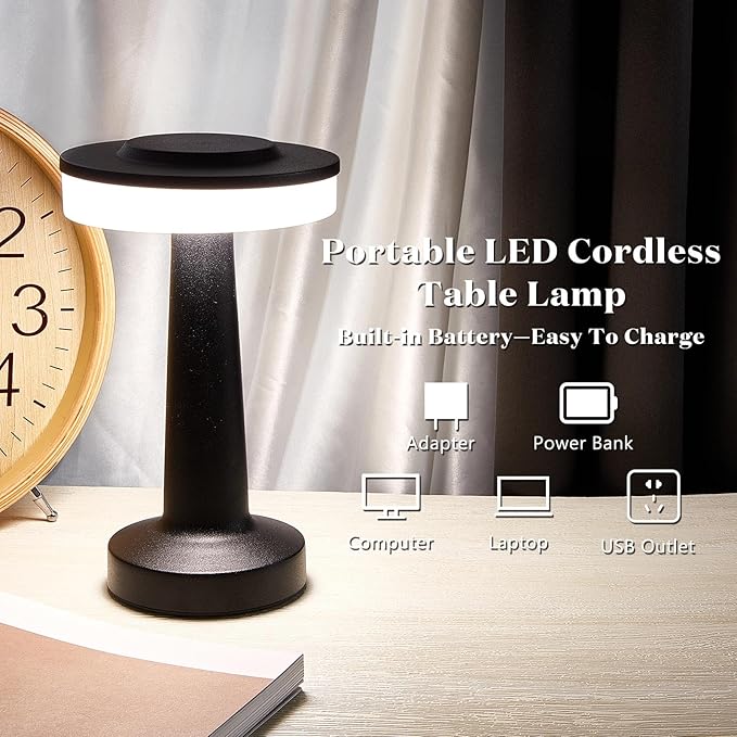 VIHOSE Cordless Table Lamps LED Portable Rechargeable Table Lamp with Touch Sensor 3 Color Dimming up to 15 Hours Battery Desk Light for Restaurant Nursery Living Room(Black,12 Pcs)