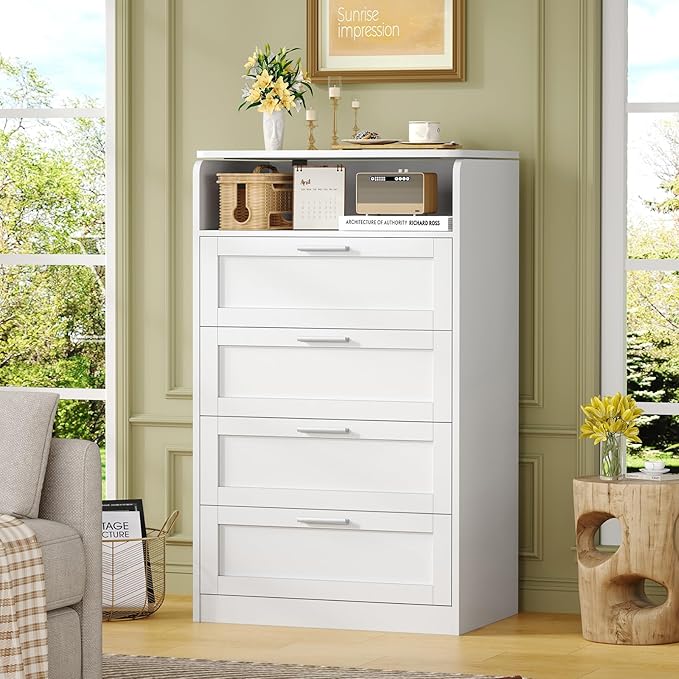 TEENFON Dresser for Bedroom, Tall White Dresser with 4 Drawers, Dressers with Mirror, Chest of Drawers for Bedroom, Living Room, Closet, Hallway, White
