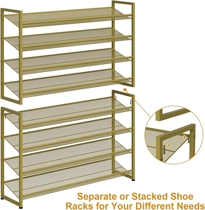 Large Shoe Rack 8 Tier Shoe Organizer, Heavy Duty Metal 4-Tier Stackable Shoe Storage Vertical Shoe Rack for Closet Front Door Entrance, Up to 50 Pairs, 44.8" W x 11.4" D x 56.7" H, Gold