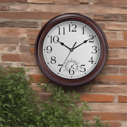 12 Inch Outdoor Wall Clock with Thermometers, Vintage Silent Wall Clocks Battery Operated, Retro Non-Ticking Clock Decorative for Living Room, Patio, Kitchen, Office, Bathroom, Bedroom(Bronze)