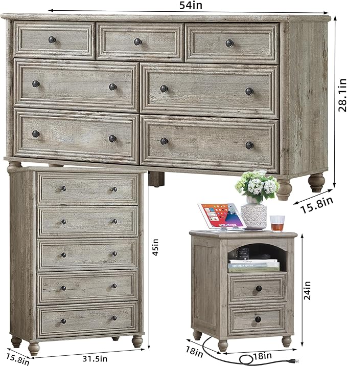 Farmhouse Dressers & Night Stand Set of 4, Wood 54" Wide Dresser & 45" Tall Chest of Drawers, 18" with Charging Station Nightstand Set of 2, Bedroom Furniture Dresser Set for Home Living Room Hallway