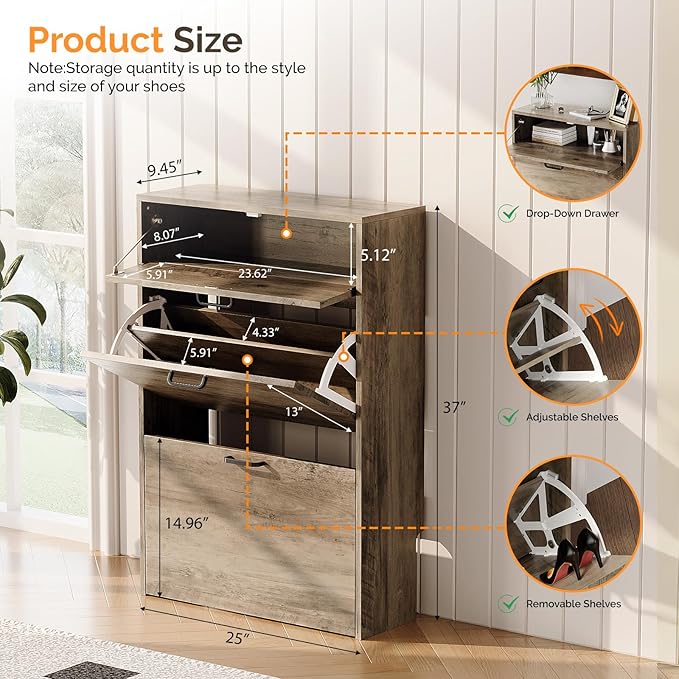 VINGLI Shoe Cabinet Storage for Entryway Ultra Slim with 2 Flip &1Drop-Down Drawers, 24.8" W Narrow Shoe Cabinet for Front Door Entrance,Freestanding Washed Gray Wood Shoes Organizer for Hallway