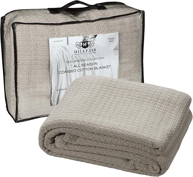 HILLFAIR 100% Combed Cotton Blanket– Twin Bed Blanket– Soft Cozy Warm Multipurpose Throws for Luxury Home Decor– 66 x 90 inch Twin XL Size Cotton Blankets for Beds- Bed Blankets for All Season- Sand