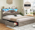 AOGLLATI Farmhouse Full Size Bed Frame with 4 Storage Drawers and Charging Station, Wooden Full Bed Frame with Hidden Space Bookcase Headboard and Led Lights & Metal Slats, Gray
