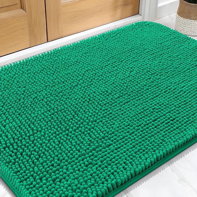 OLANLY Dog Door Mat for Muddy Paws 30x20, Absorbs Moisture and Dirt, Absorbent Non-Slip Washable Doormat, Quick Dry Chenille Mud Mat, Entry Indoor Entryway Carpet for Inside Floor, Emerald Green
