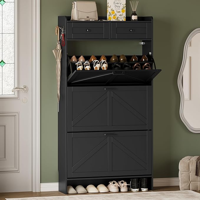 Shoe Storage Cabinet for Entryway, Farmhouse Narrow Shoe Cabinet with 3 Flip Drawers & 2 Top Drawers, Adjustable Shelves & Hooks, Freestanding Hidden Rack Organizer for Hallway, Foyer