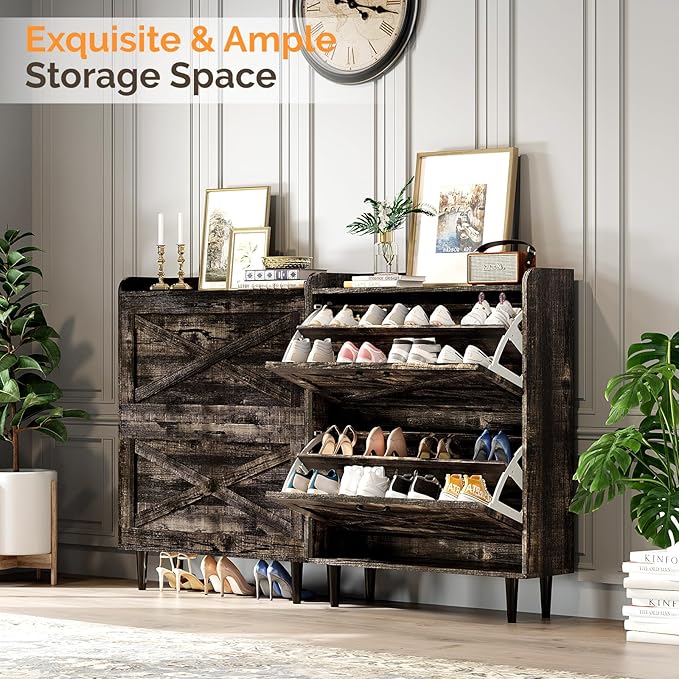 VINGLI Shoe Storage Cabinet for Entryway with 2 Flip Drawers, Ultra Slim Freestanding Entryway Shoe Organizer with Wood Tapered Legs,Hidden Closed Shoe Rack,31.6"W * 9.4"D * 39.4"H, Dark Rustic Oak