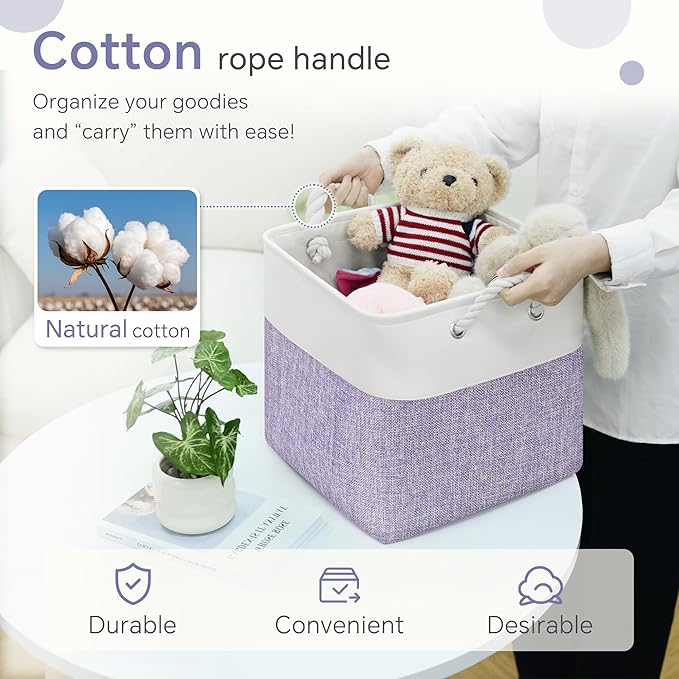 Large 11x11 Inch Cube Storage Bins with Cotton Handles for Closet, Shelves, Clothes, Towel (White/Purple-6 Pack)