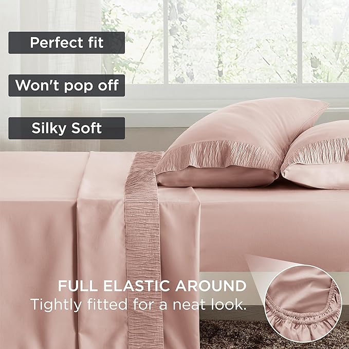 Bedsure Queen Sheet Set - 4 Pieces Soft Queen Size Sheets - Breathable & Cooling - Hotel Luxury - Easy Care Polyester Microfiber Bedding for Women, Men, Dusty Pink