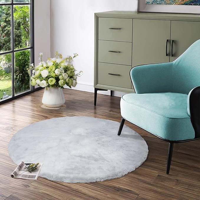 Latepis Grey Fluffy Round Rug 3ft Circle Area Faux Fur Rugs Washable Rabbit Rug Gray Furry Shag Rugs Round Carpet for Living Room Bedroom Nursery Kids Room Chair