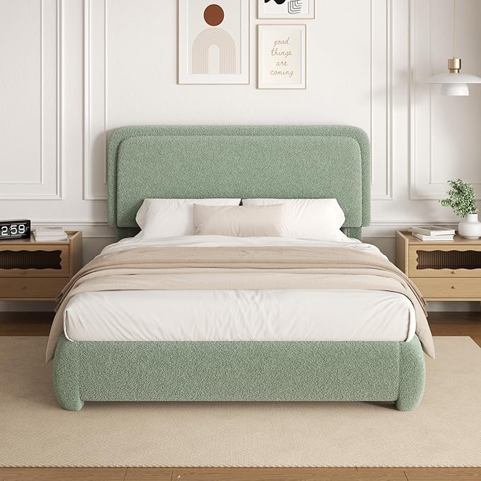 Full Size Platform Bed Frame with Headboard, Boucle Upholstered Desige, Anti-Collision Corners, Soft Rounded Corners, No Box Spring Required, Easy Assembly, Noise Free