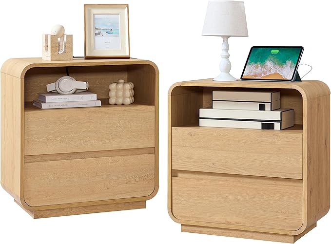 Modern Nightstand Set of 2, 23.2" Large Wood Bedside Table with Charging Station & Curved Profile, 2 Storage Drawers Side Table, Mid-Century End Table Night Stand for Bedroom Sofa Natural