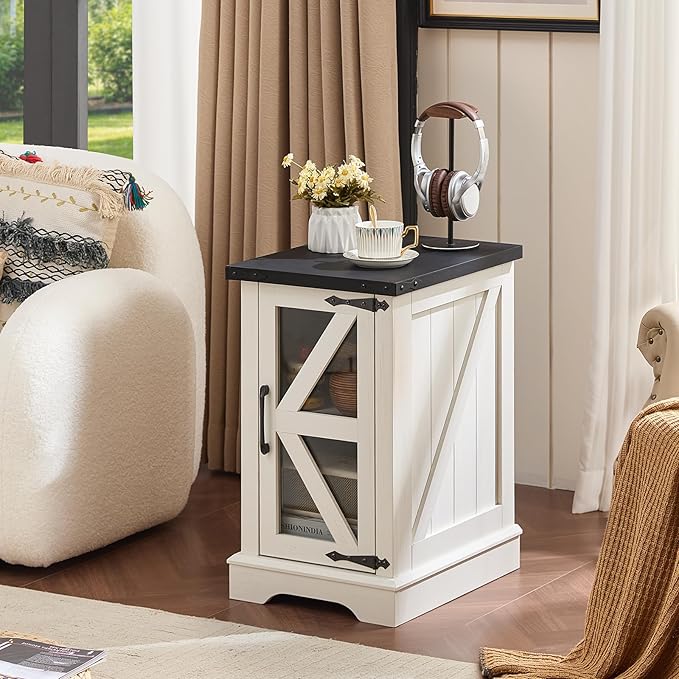 Farmhouse End Table Set 3, Narrow 18'' Night Stand with Glass Barn Door, 24" Square Side Table with Charger Station, Living Room Furniture Sets, Wood Nightstand Bedside Tables for Bedroom