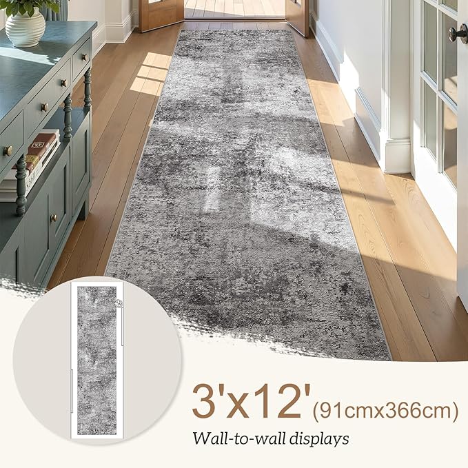 Washable Runner Rug for Hallway: 3x12 Neutral Modern Abstract Low Pile Area Rug with Non-Slip Backing - Carpet for Bedroom Kitchen Laundry Entryway Bathroom Indoor - Grey