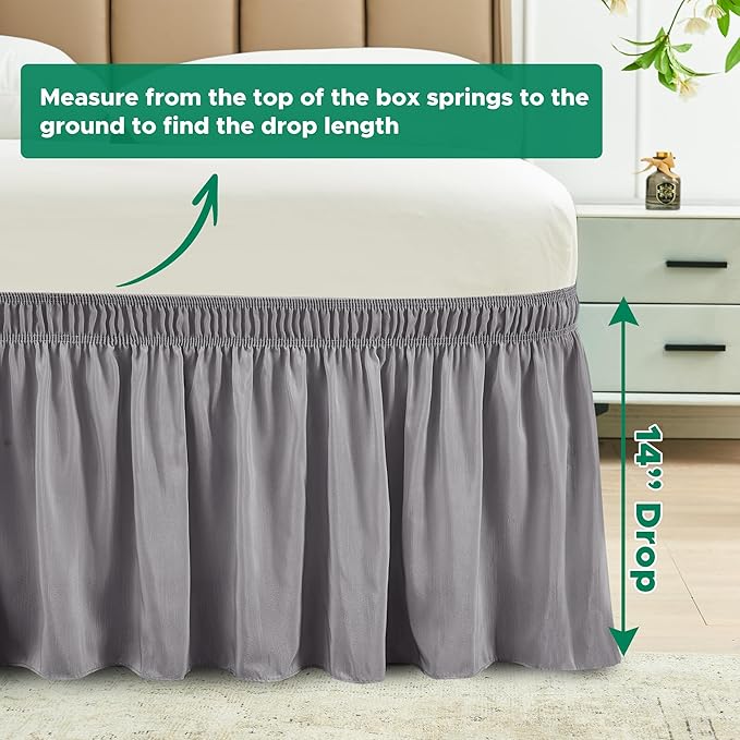 Biscaynebay Wrap Around Bed Skirts for Twin & Twin XL Beds 14" Drop, Silver Grey Adjustable Elastic Dust Ruffles Easy Fit Wrinkle Resistant Silky Luxurious Fabric Machine Washable