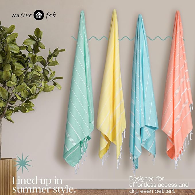 Native Fab Turkish Towels Set of 4, Large 40x71 Inches, Soft, Fast Drying, Lightweight, Absorbent, 100% Cotton Towel for Beach, Bath, Spa, Travel Use - Light Orange, Lemon Yellow, Aqua Blue, Green