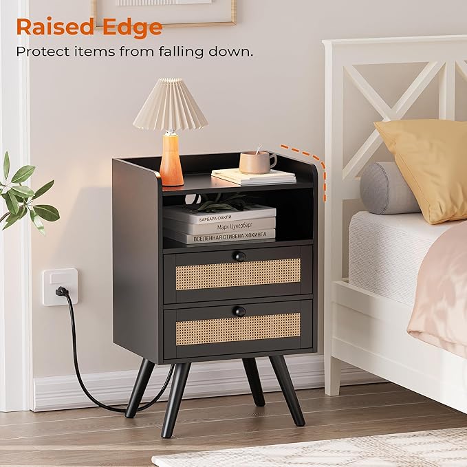 SUPERJARE 2 Drawer Night Stand with Charger Station, Boho Rattan Nightstand Set of 2, 25.2 Inch Tall Bed Side Table with Solid Wood Feet, End Table, Open Storage, Synthetic Rattan, for Bedroom, Black