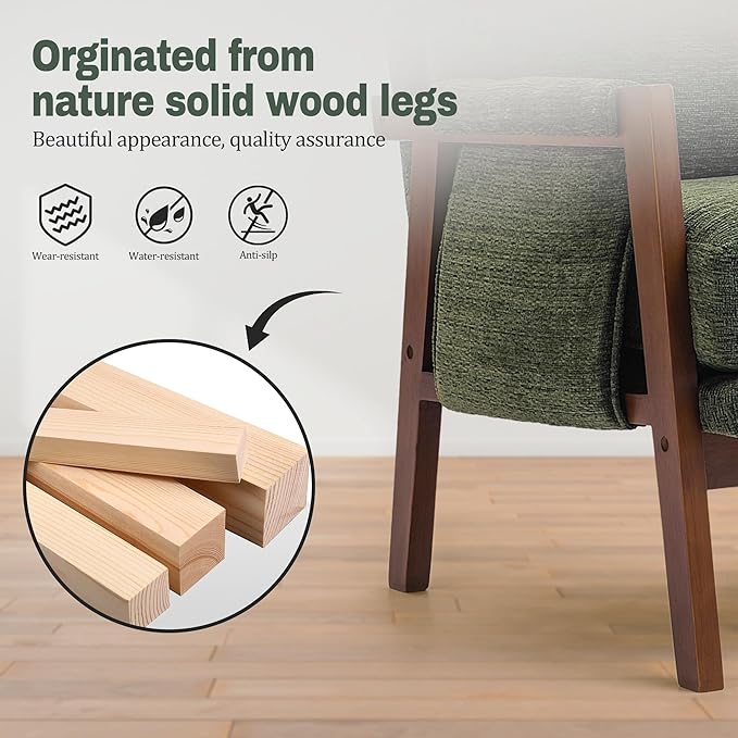 Green Accent Chairs for Living Room Set of 2, Modern Arm Chairs for Bedroom, Wooden Upholstered Mid Century Accent Chairs, Fabric
