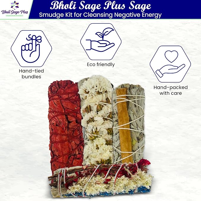 Sage Smudge Kit for Cleansing Negative Energy and Cleansing Home Sinuata, Dragon Blood, Cinnamon and Triple Flower Dried - 4'' Long Pack of 4 White California Sage Sticks