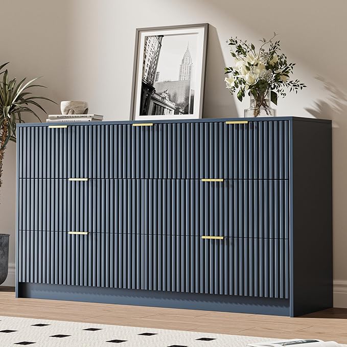 Navy 7 Drawer Dresser for Bedroom, 55.9" Wide Modern Fluted Dresser with Gold Metal Handles, Wide Chest of Drawers for Bedroom, Living Room, Entryway, Hallway
