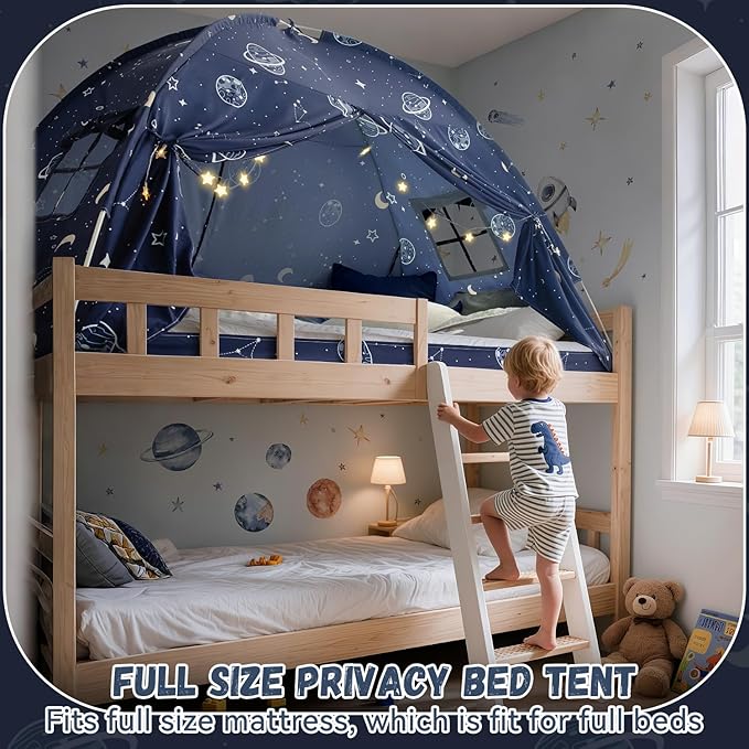Toddler Bed Tent Full, Space Canopy Indoor for Kids Boys, Kids Bed Canopy Full Size, Galaxy Dome Playhouse Tents Floor Privacy Space on Bed Sleeping Tent for Girls Birthday Toy House Gift