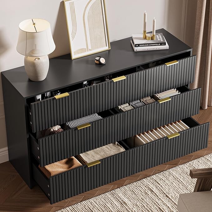 Black 7 Drawer Dresser for Bedroom, 55.9" Wide Modern Fluted Dresser with Gold Metal Handles, Wide Chest of Drawers for Bedroom, Living Room, Entryway, Hallway