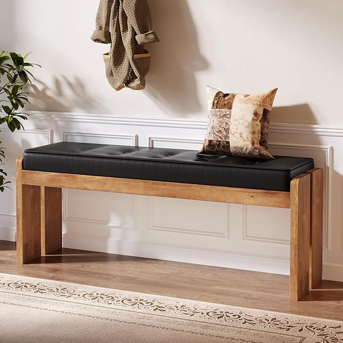 47-Inch Solid Wood Entryway Bench, Modern End of Bed Bench with Button-Tufted Leather Pad and Wooden Legs, for Living Room, Bedroom, Kitchen, Hallway, Black & Brown