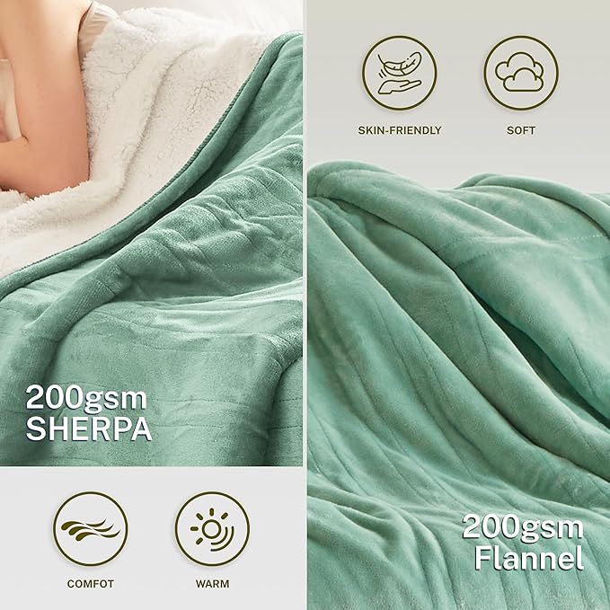 Heat Blanket 50”x60” Throw,Soft Flannel & Sherpa Reversible Electric Blanket with 10 Heat Settings,12 Timer Setting and 3 Hours Auto-Shut Off,ETL Certified Machine Washable,Green