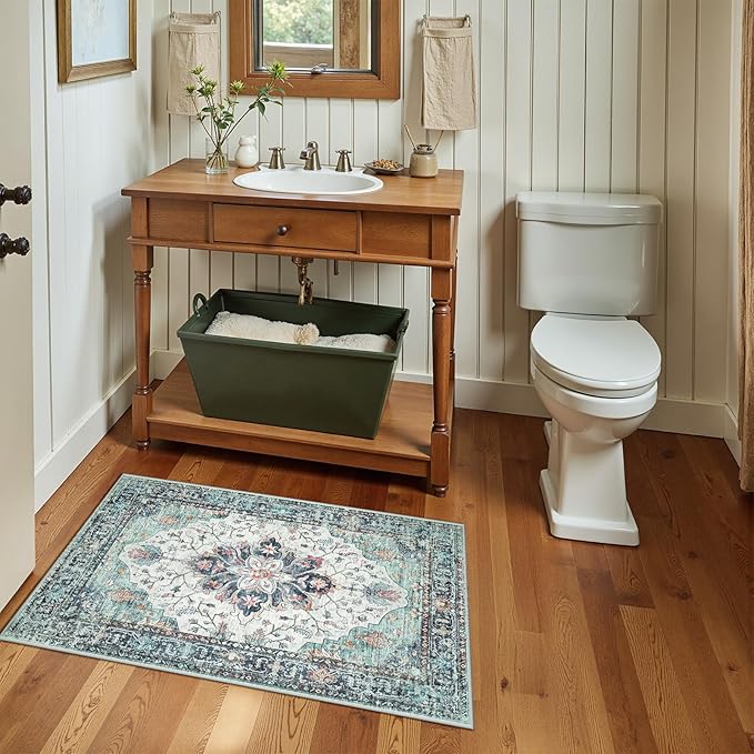 Area Rugs 2'x3' Washable Non-Slip, Floral Vintage Distress Print Pattern Medallion Carpet for Living Room Bedroom Dining Room, Green Navy Blue White Red Teal Colorful