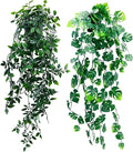 Artificial Hanging Plants for Shelf, Fake Potted Greenery 2-Pack Faux Mandala and Monstera Leaves Vines in Black Pot, Décor for Office Living Room Bathroom Indoor Outdoor