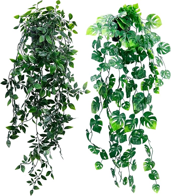 Artificial Hanging Plants for Shelf, Fake Potted Greenery 2-Pack Faux Mandala and Monstera Leaves Vines in Black Pot, Décor for Office Living Room Bathroom Indoor Outdoor