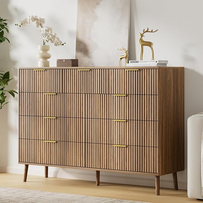 LYNSOM Fluted 9 Drawer Dresser for Bedroom, 55" Wide Modern Chest of Drawers with Curved Profile Design and Metal Handles, Wood Dresser TV Stand & Storage Organizer for Bedroom, Hallway, Walnut