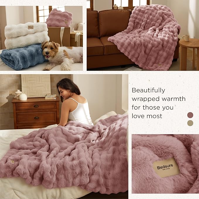 Bedsure GentleSoft Fluffy Faux Fur Blanket Twin Size, Fuzzy Soft Bubble Blanket for Couch, Home Decor Gifts for Bedroom Living Room, Thick Furry Cozy Gifts for Women, Dusty Rose, 60x80 Inch