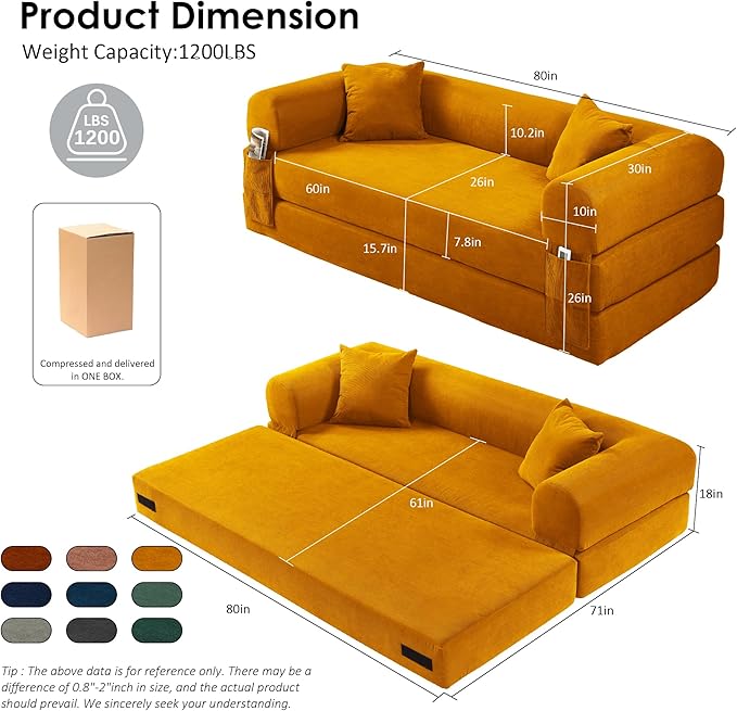 80" Convertible Sofa Bed, 3-in-1 Corduroy Folding Pull Out Couch with Pillows, No Assembly Modern Boneless Couch Compression Sofa in Box, Floor Sofa with Side Storage Pocket for Living Room, Yellow