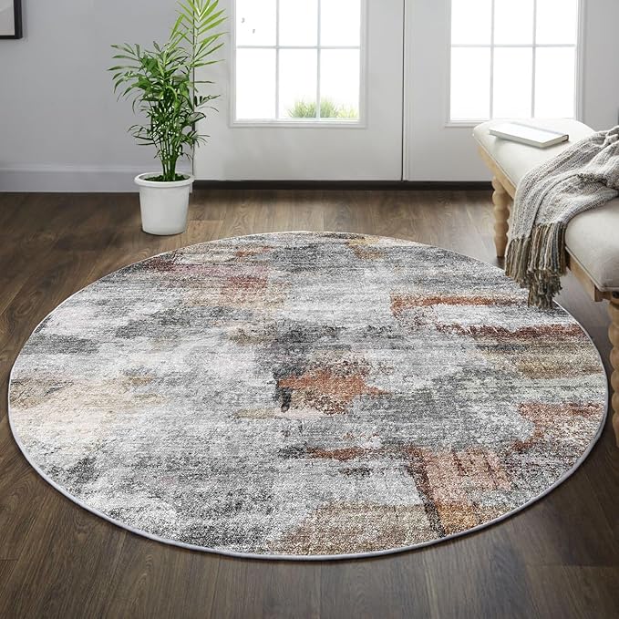 vivorug Round Rug 6ft Abstract Round Area Rug Non-Slip Indoor Carpet for Living Room Bedroom Entryway, Stain Resistant Home Decor Circle Rug, Grey/Rust