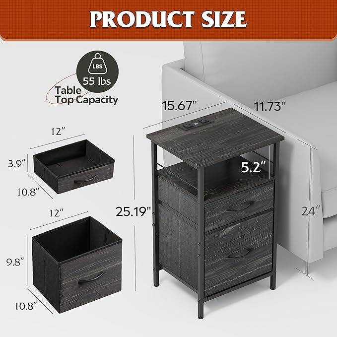 WLIVE Nightstand with Charging Station, Side Table with 2 Fabric Drawers, End Tables for Bedroom, Small Dresser, USB Ports and Outlets, Charcoal Black
