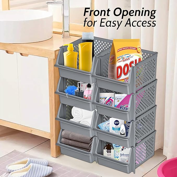 TidyFriend Plastic Stackable Storage Bins for Pantry, 4 Pack Stackable Bins For Organizing Food, Kitchen, and Bathroom Essentials (Grey)