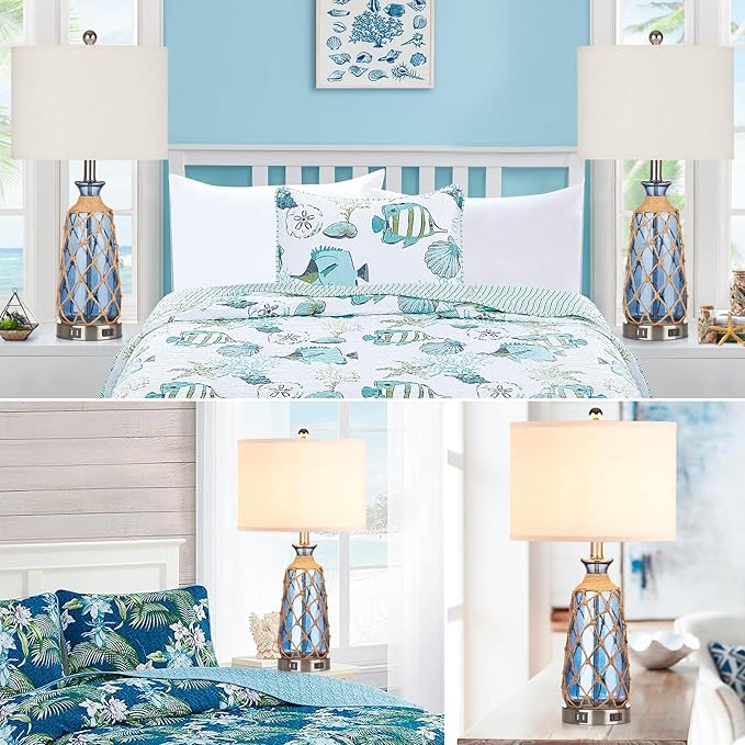 Coastal Glass Table Lamps, 3-Way Dimmable Touch Control Bedside Lamps with 2 USB Ports and AC Outlet, Blue Nautical Nightstand Lamps for Bedroom Living Room (LED Bulbs Included)