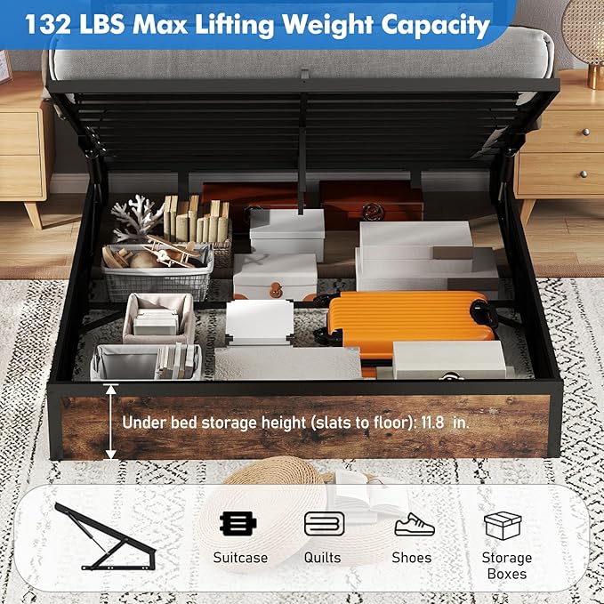Full Size Lift Up Storage Bed Frame with Charging Station, 2 Tier Wood Storage Headboard with Led Lights, Heavy Duty Metal Slats Support/Hydraulic Storage/Noise-Free/Brown