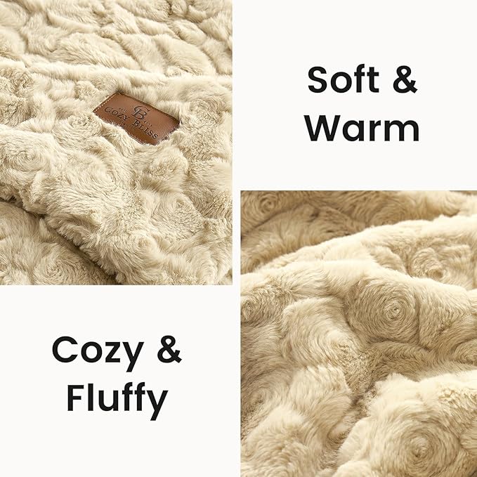Cozy Bliss Faux Fur Throw Blanket for Couch, Fuzzy Soft Plush Thick Warm Fluffy Reversible Wave Textured Blanket for Sofa Bedroom Living Room, 55 * 70 Inches Khaki