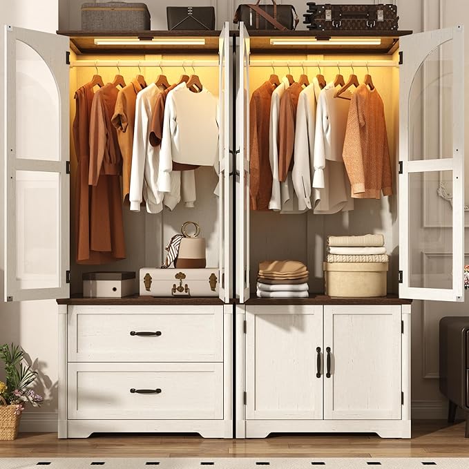 Tall Farmhouse 4 Doors Armoire Wardrobe Closet with LED ,72" Freestanding Arched Wardrobe Closet Cabinet for Bedroom w Glass Doors/Drawers,Wooden Clothing Storage Cabinet,Closets for Bedroom(Off Whit)