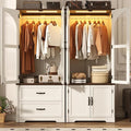 Tall Farmhouse 4 Doors Armoire Wardrobe Closet with LED ,72" Freestanding Arched Wardrobe Closet Cabinet for Bedroom w Glass Doors/Drawers,Wooden Clothing Storage Cabinet,Closets for Bedroom(Off Whit)