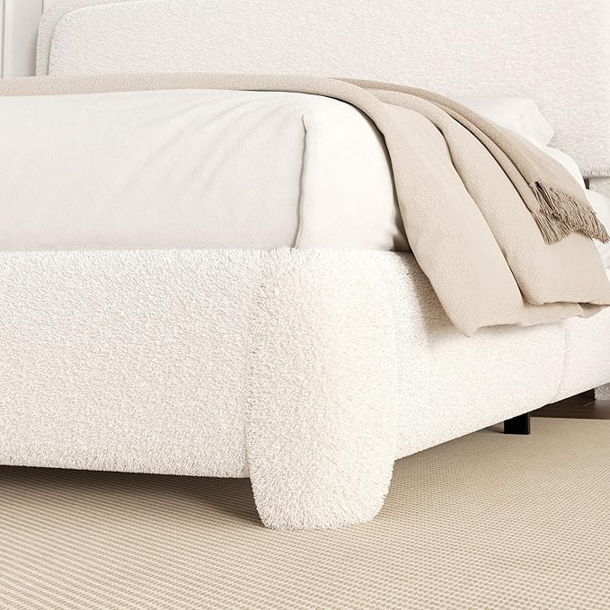 Queen Size Bed Frame with Adjustable Headboard, Boucle Upholstered Platform Bed with Wood Slats, Anti-Collision Soft Rounded Corners, No Box Spring Needed, Noise-Free, Easy Assembly
