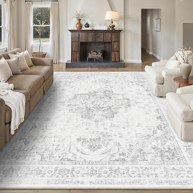 8x10 Vintage Washable Area Rugs Boho Medallion Large Distressed Retro Accent Carpet Floral Non-Slip Soft Low Pile Indoor Throw Rug for Living Room Bedroom Dining Room Office Kitchen, Gray